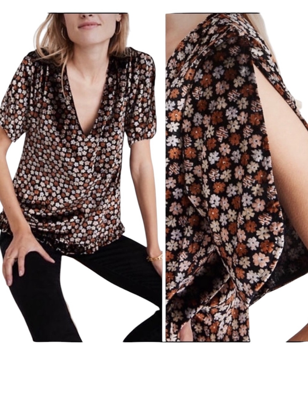 NEW Madewell Velvet Floral Tulip Sleeve Ruffle Top in Petite Blooms - XXS